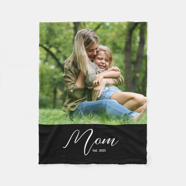 Mom Established Black Modern Script Photo Fleece Blanket (Front)