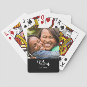 Mom Established Black Modern Script Photo  Playing Cards