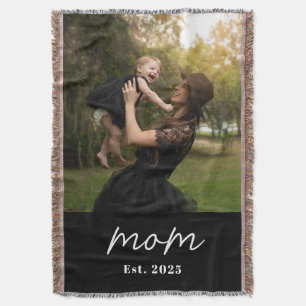 Mom Established Black Modern Script Photo Throw Blanket