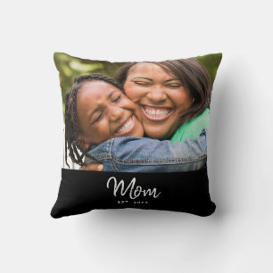 Mom Established Black Modern Script Photo  Throw Pillow