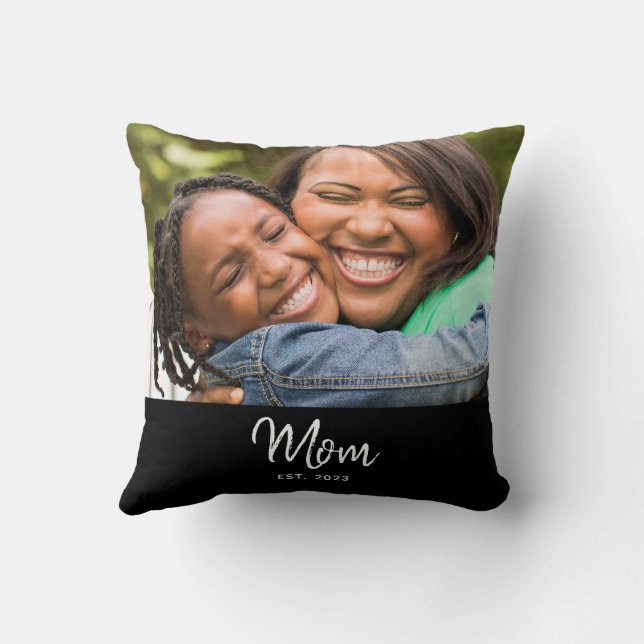 Mom Established Black Modern Script Photo  Throw Pillow (Back)