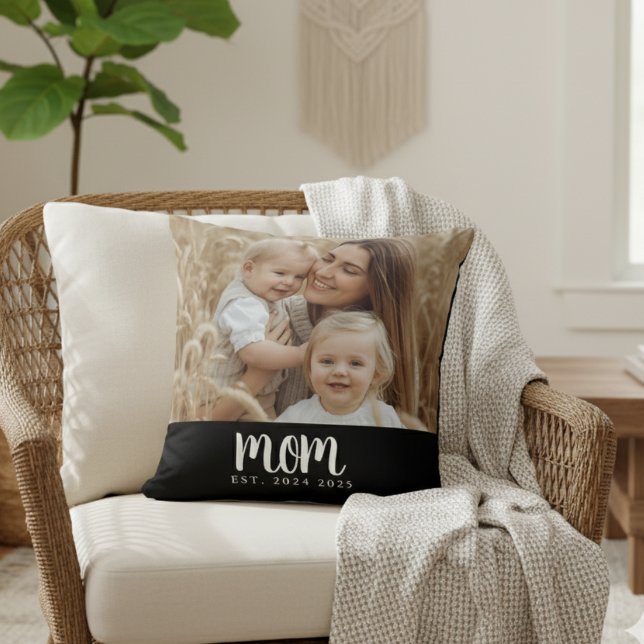 Mom Established Black Modern Script Photo Throw Pillow (modern black and white mom established date custom photo pillow for mother's day or christmas gift)