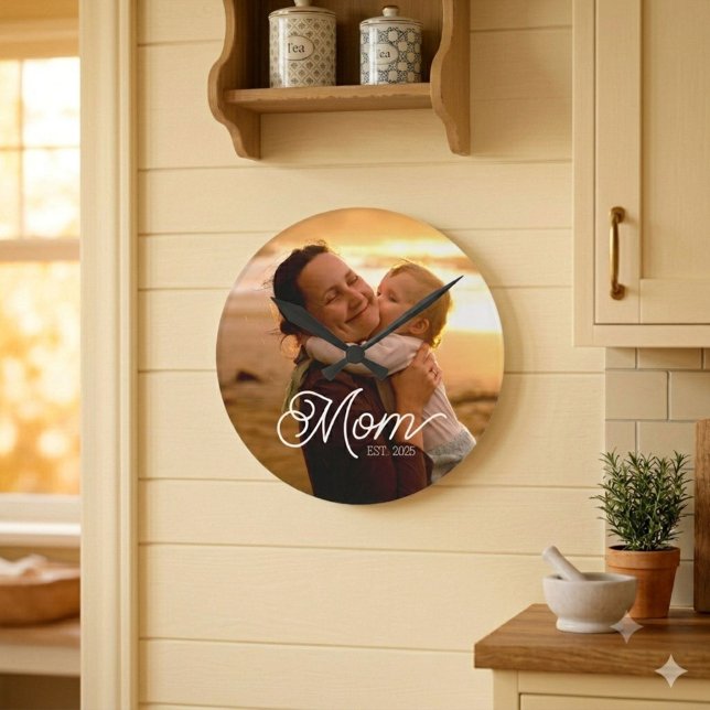Mom Established Black Modern White Script Photo  Round Clock (Creator Uploaded)