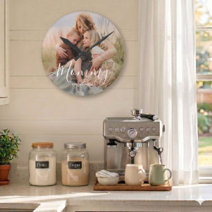 Mom Established Black Modern White Script Photo  Round Clock