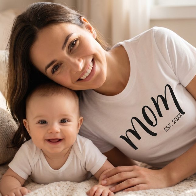 Mom Established Black Script Custom Year New Mama T-Shirt (Creator Uploaded)