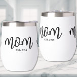 Mom Established Black Script Mother's<br><div class="desc">Simple Script Mom Personalized Insulated Wine Tumbler. Celebrate motherhood with this minimalist design featuring the word “mom” in a flowing handwritten script font displayed on three sides of the tumbler so it’s visible from every angle. At the bottom right, a classic serif “est. year” adds a personal touch—perfect for a...</div>