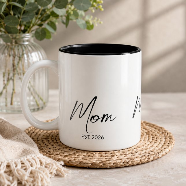 Mom Established Black Script New Mom Gift  Two-Tone Coffee Mug (Add Year(s) to customize.)