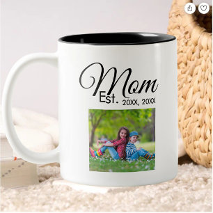 Mom Established Black Script Photo Gift Two-Tone Coffee Mug