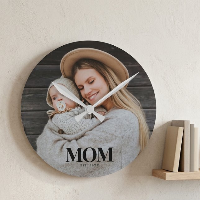 Mom Established Black Typography Photo Gift Round Clock (Mom Established Black Typography Photo Gift Round Clock)