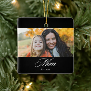 Mom Established Black White Elegant Script Photo Ceramic Ornament