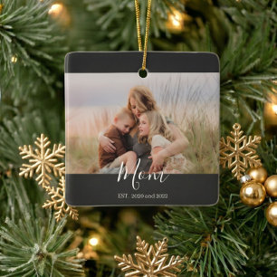 Mom Established Black White Elegant Script Photo Ceramic Ornament