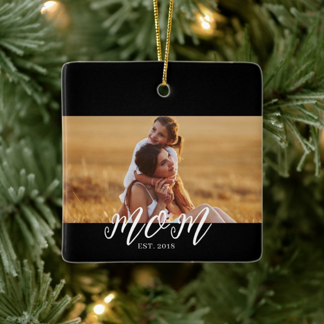 Mom Established Black White Script Photo Ceramic Ornament (Tree)