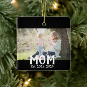 Mom Established Black White Script Photo Ceramic Ornament