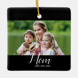 Mom Established Black White Script Photo  Ceramic Ornament