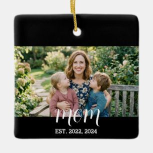 Mom Established Black White Script Photo Ceramic Ornament