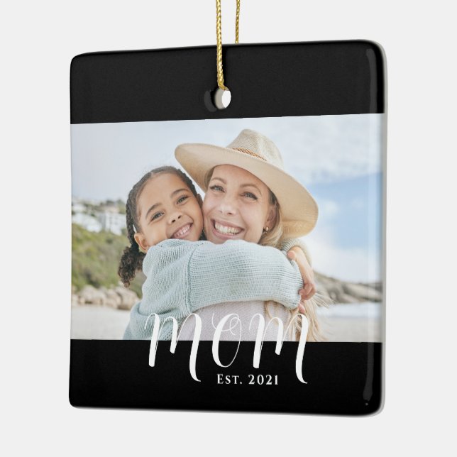 Mom Established Black White Script Photo Ceramic Ornament (Left)