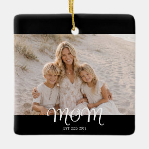 Mom Established Black White Script Photo Ceramic Ornament