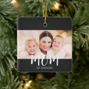 Mom Established Black White Script Photo Ceramic Ornament