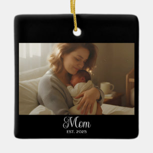 Mom Established Black White Script Photo Ceramic Ornament