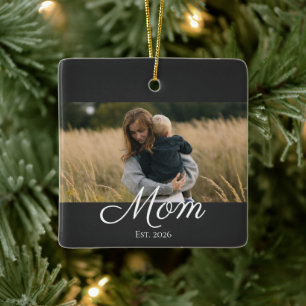 Mom Established Black White Script Photo Ceramic Ornament