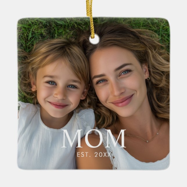 Mom Established Black White Script Photo  Ceramic Ornament (Front)