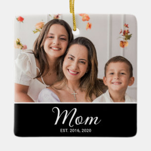 Mom Established Black White Script Photo Ceramic Ornament