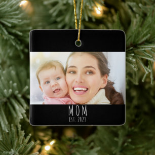 Mom Established Black White Script Photo Ceramic Ornament