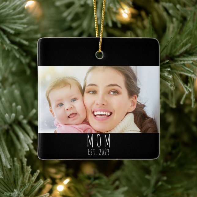 Mom Established Black White Script Photo  Ceramic Ornament (Tree)