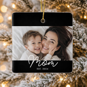 Mom Established Black White Script Photo Ceramic Ornament