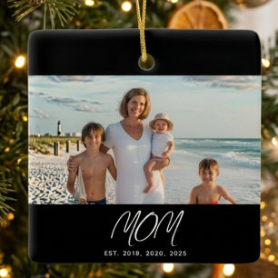 Mom Established Black White Script Photo Ceramic Ornament