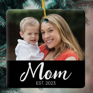 Mom Established Black White Script Photo Ceramic Ornament