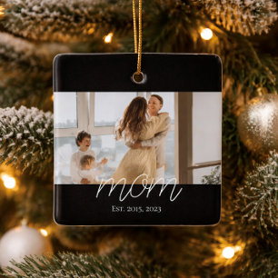 Mom Established Black White Script Photo Ceramic Ornament