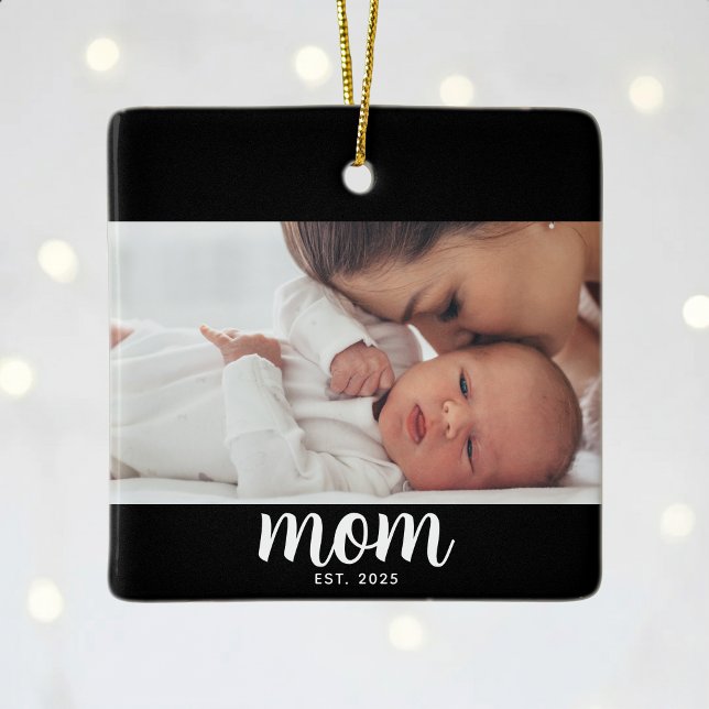 Mom Established Black White Script Photo Ceramic Ornament (Creator Uploaded)