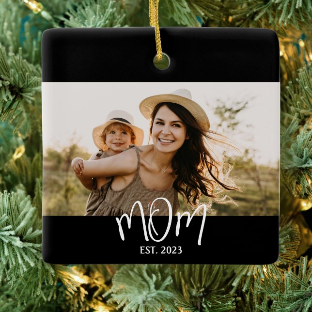 Mom Established Black White Script Photo Ceramic Ornament (Creator Uploaded)