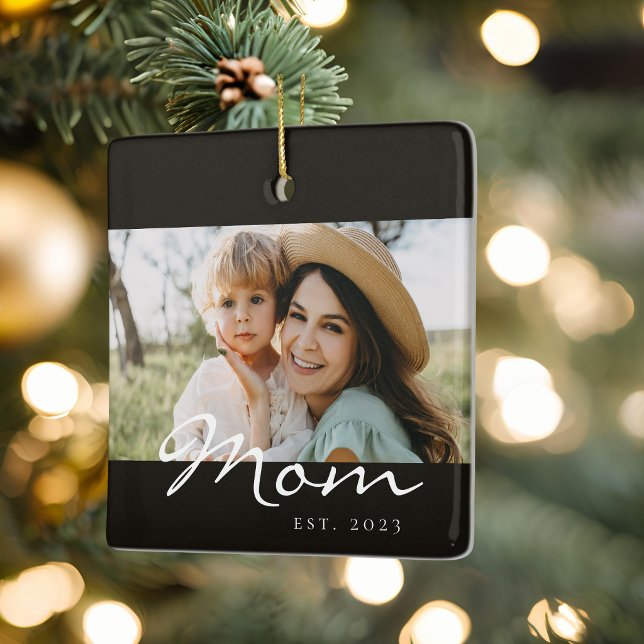 Mom Established Black White Script Photo  Ceramic Ornament (Creator Uploaded)