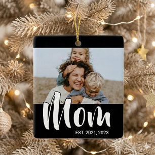 Mom Established Black White Script Photo Ceramic Ornament