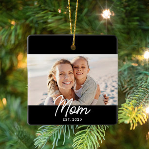 Mom Established Black White Script Photo Ceramic Ornament
