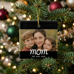 Mom Established Black White Script Photo Ceramic Ornament