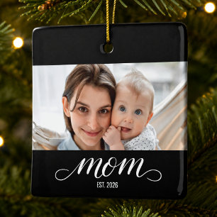 Mom Established Black White Script Photo Ceramic Ornament