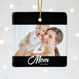 Mom Established Black White Script Photo Ceramic Ornament