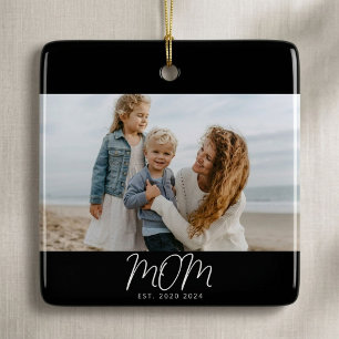 Mom Established Black White Script Photo Ceramic Ornament