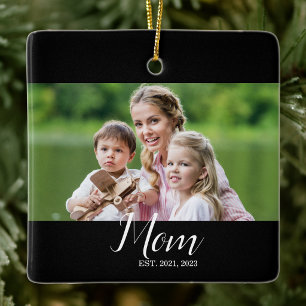 Mom Established Black White Script Photo Ceramic Ornament