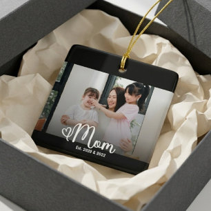 Mom Established Black White Script Photo Ceramic Ornament