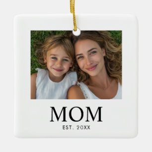 Mom Established Black White Script Photo Ceramic Ornament