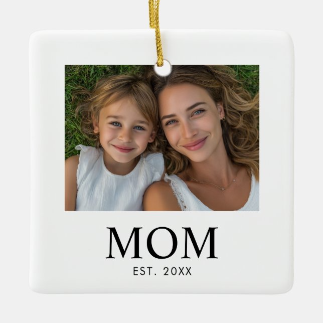 Mom Established Black White Script Photo  Ceramic Ornament (Front)