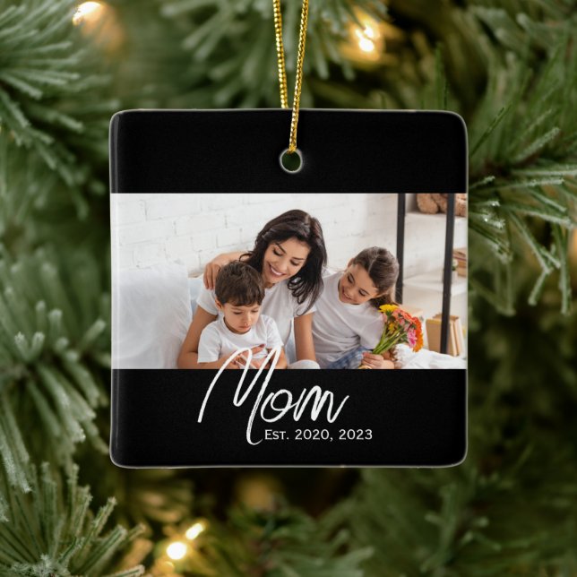 Mom Established Black White Script Photo  Ceramic Ornament (Tree)
