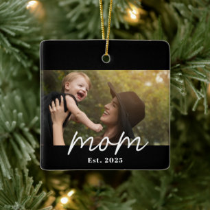 Mom Established Black White Script Photo Ceramic Ornament