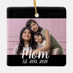 Mom Established Black White Script Photo  Ceramic Ornament