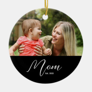 Mom Established Black White Script Photo Ceramic Ornament