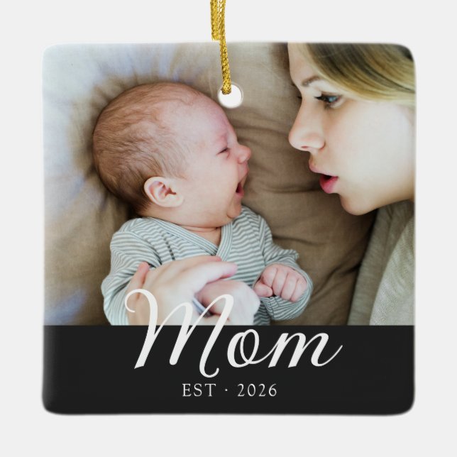 Mom Established Black White Script Photo Ceramic Ornament (Front)